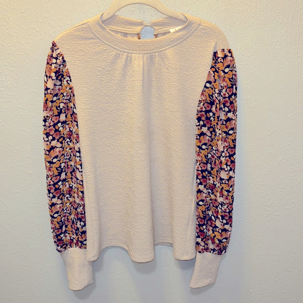 THML Fall Cream & Floral Top Blouse Balloon Sleeves Women’s Sz Medium